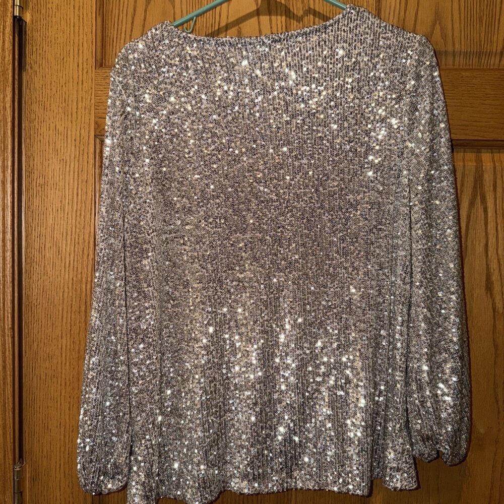Party Dance Gold Silver Sequin Balloon Sleeve Blouse Twist Front XL Cable & Gaug - Picture 2 of 12